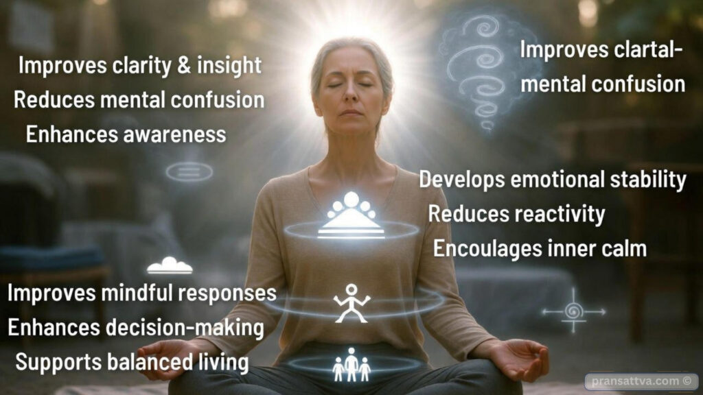 Witness consciousness meditation showing calm observer awareness of thoughts and breath