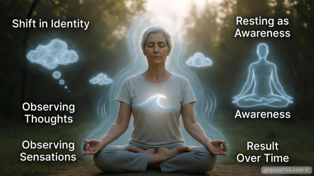 Witness consciousness meditation showing calm observer awareness of thoughts and breath