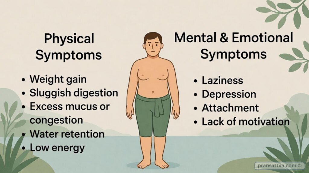 Kapha Dosha signs and symptoms in Ayurveda including weight gain, sluggish digestion, excess mucus, water retention, low energy, and emotional dullness